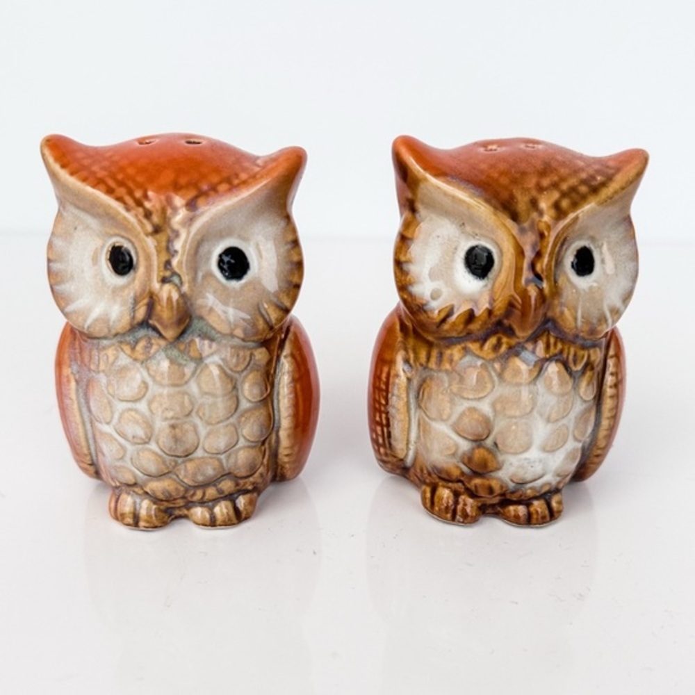 Vintage Owl Salt & Pepper Shakers Ceramic Brown Mid-Century Japan Set